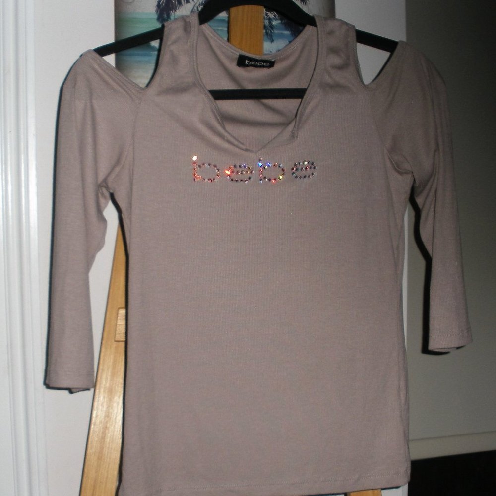 BEBE Cold Shoulder long sleeved/rhinestone details Top Like NEW